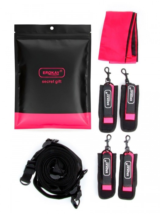 Черно-розовый эротический набор: фиксатор, оковы, наручники, повязка - Erokay - купить с доставкой в Находке