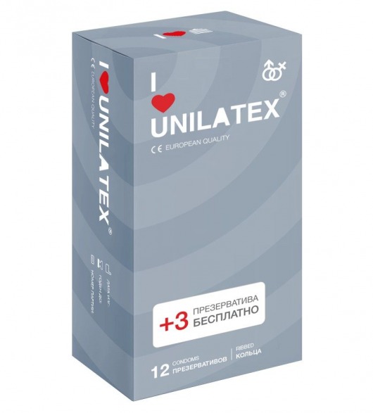 Презервативы с рёбрами Unilatex Ribbed - 12 шт. + 3 шт. в подарок - Unilatex - купить с доставкой в Находке